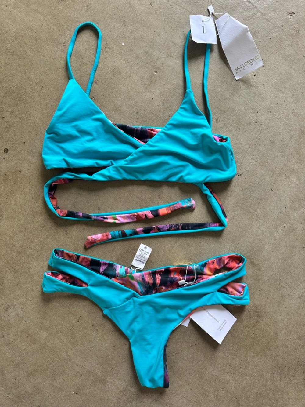 San Lorenzo Turquoise Reversible Bikini with Multicolor Lining